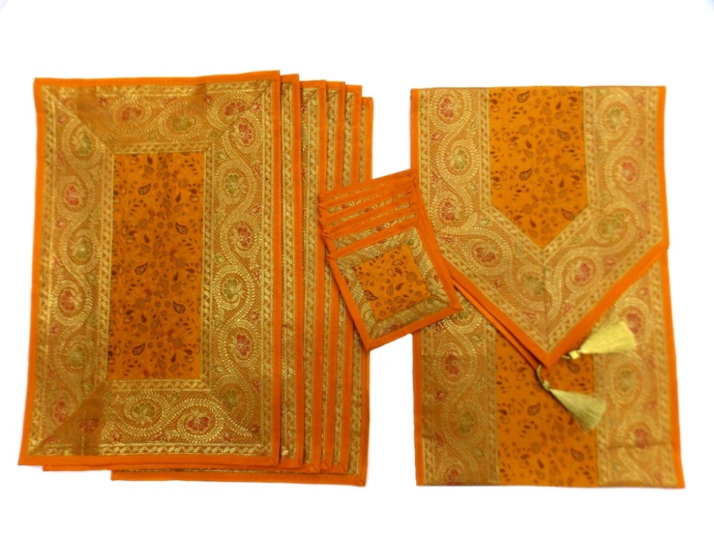 Indian Silk Table Runner with 6 Placemats & 6 Coaster in Orange Color Size 16x62